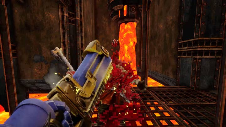 In Warhammer 40,000: Boltgun, the player uses a chainsword to turn an enemy into a bloody pile of gib sprites