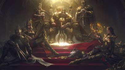 A group of Diablo characters pose around a throne, all of them wearing gold armor and crowns