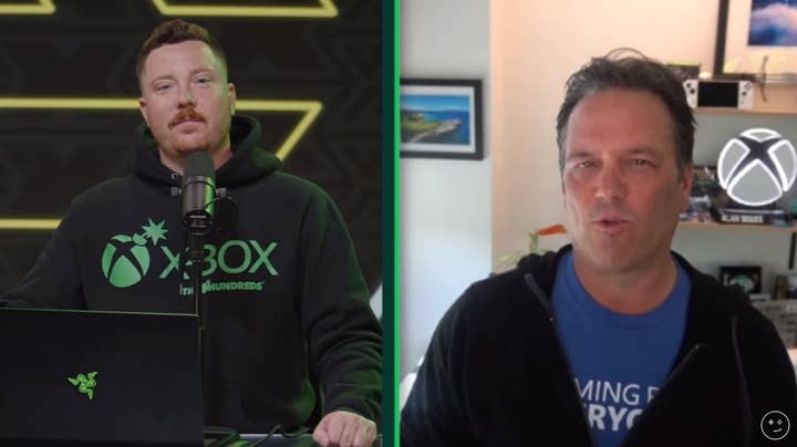 Phil Spencer appears in a split-screen video interview on Kinda Funny Xcast