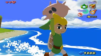 Screenshot of Zelda: The Wind Waker running on Dolphin emulator. Link runs off the beach into the water, carrying a pig over his head and looking at the camera with a frown on his face